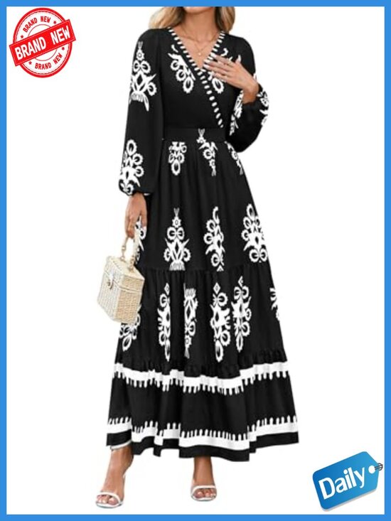 Dresses & Skirts - PRETTYGARDEN Women's Floral Boho Maxi Dress V-Neck Ruffle Long Sleeve